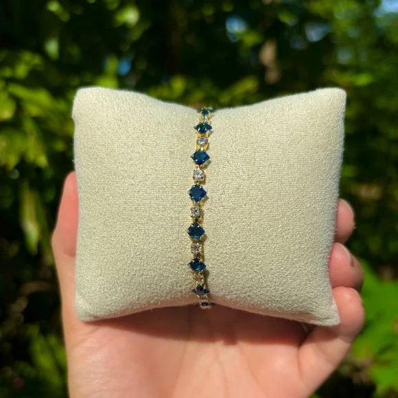 18K Gold Plated Stainless Steel Sapphire Blue & White Diamond Tennis Bracelet - Picture 4 of 5